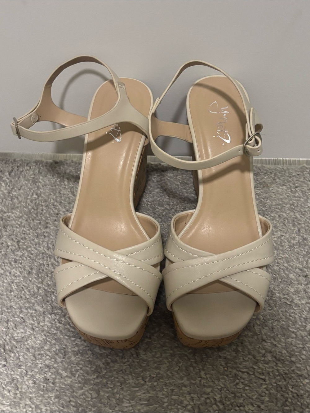 Y-Not Neutral Cream Cross-Strap Wedge with Ankle Buckle - Size: 6